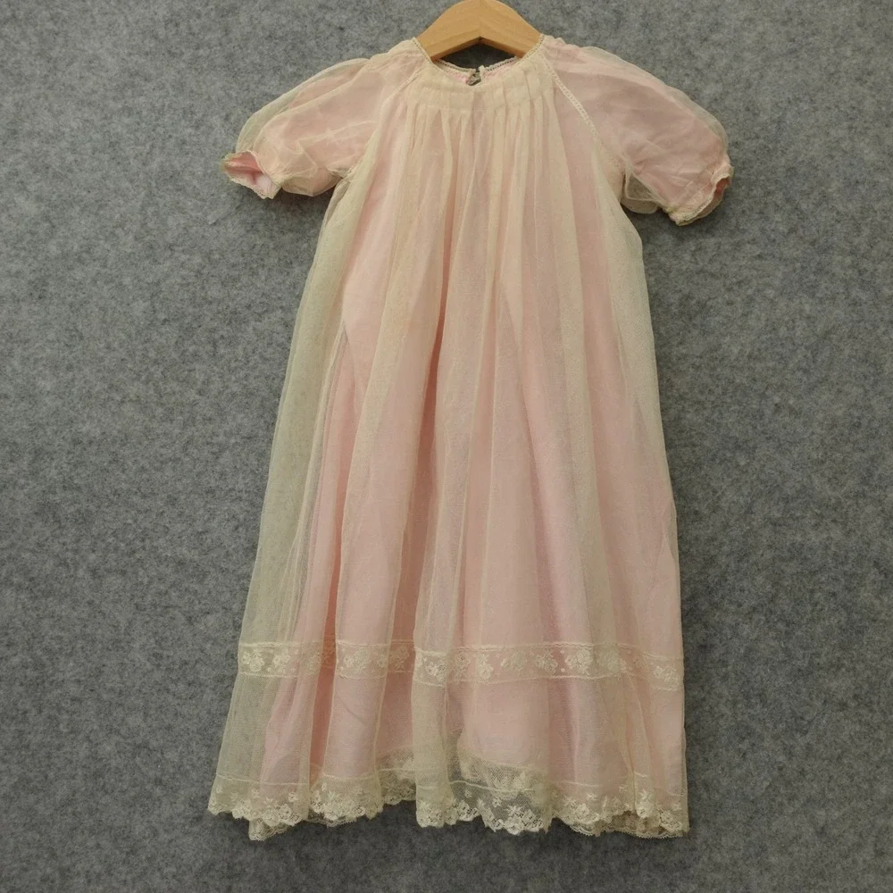 Vintage 50s Victorian Nightgown Dress Baby Girl 18 24M Pink Tulle Lace Heirloom